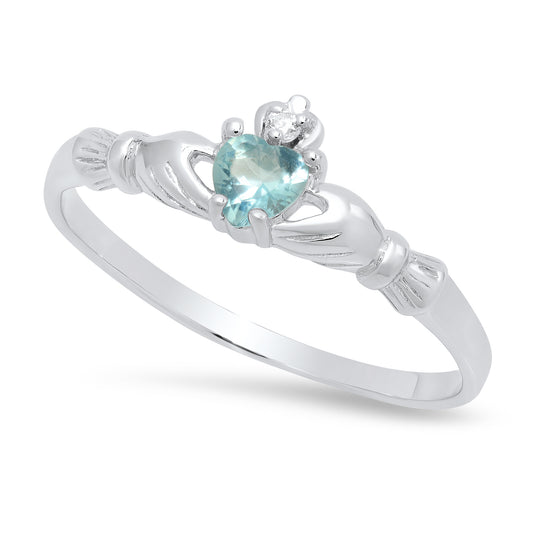 Sterling Silver Claddagh March Birthstone Aqua CZ Promise Ring Made in Italy + Cleaning Cloth