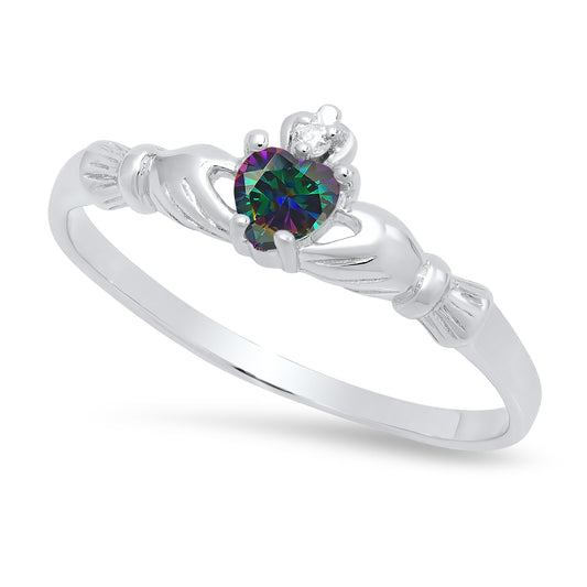 Sterling Silver Claddagh June Birthstone Rainbow CZ Promise Ring Made in Italy + Cleaning Cloth