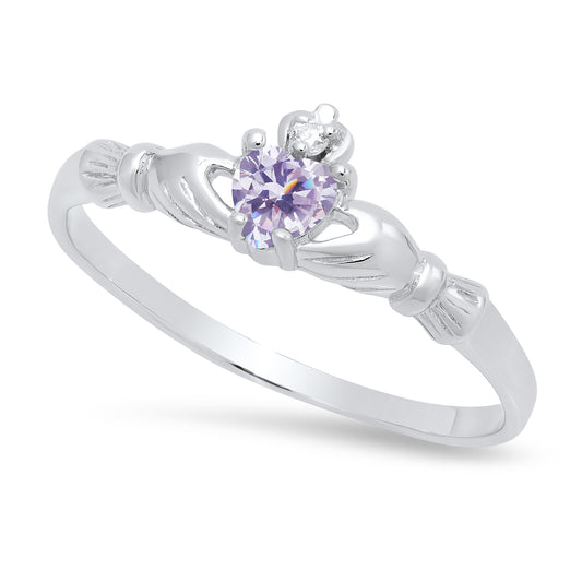 Sterling Silver Claddagh June Birthstone Lavender CZ Promise Ring Made in Italy + Cleaning Cloth