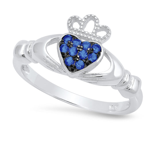 Sterling Silver Claddagh September Birthstone Blue Sapphire CZ Promise Ring Made in Italy + Cloth