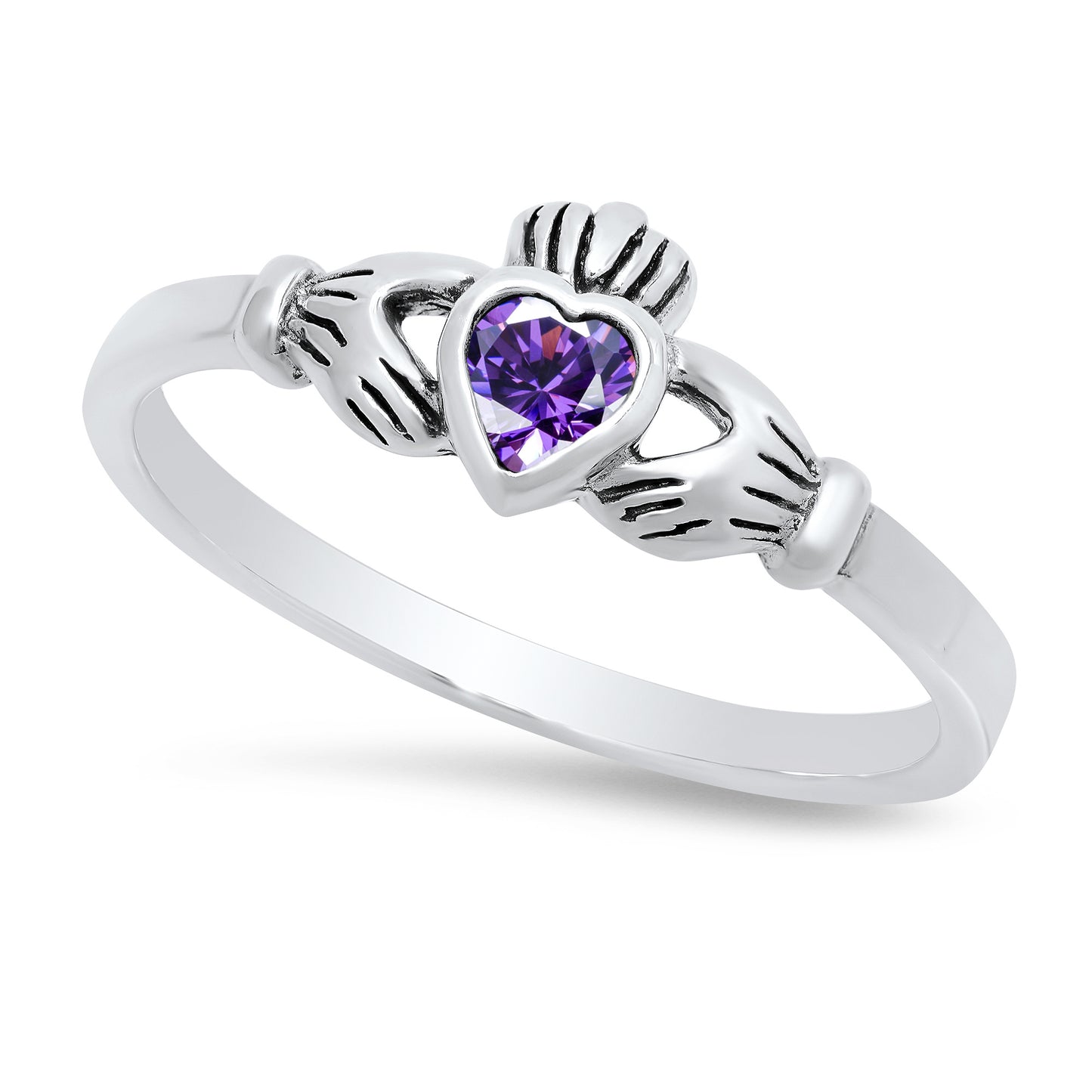 Sterling Silver Claddagh February Birthstone Amethyst CZ Promise Ring Made in Italy + Cloth