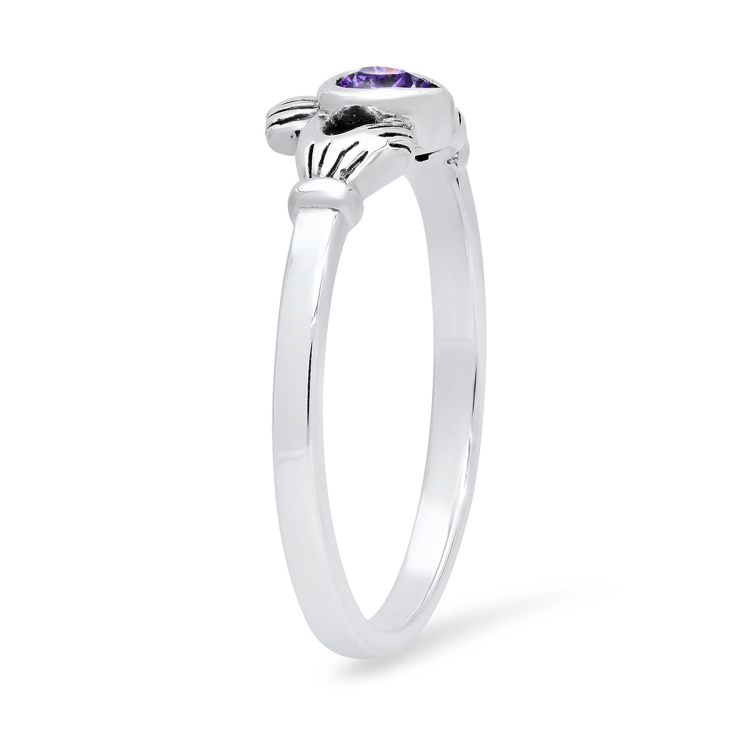 Sterling Silver Claddagh February Birthstone Amethyst CZ Promise Ring Made in Italy + Cloth