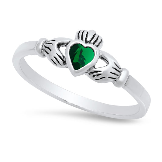 Sterling Silver Claddagh May Birthstone Emerald CZ Promise Ring Made in Italy + Cleaning Cloth