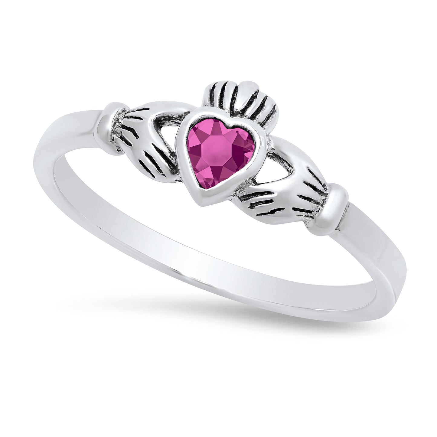 Sterling Silver Claddagh July Birthstone Rubellite CZ Promise Ring Made in Italy + Cleaning Cloth