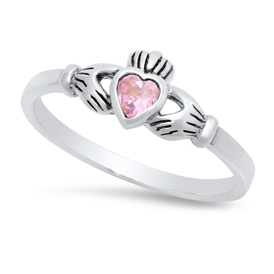 Sterling Silver Claddagh October Birthstone pink CZ Promise Ring Made in Italy + Cleaning Cloth