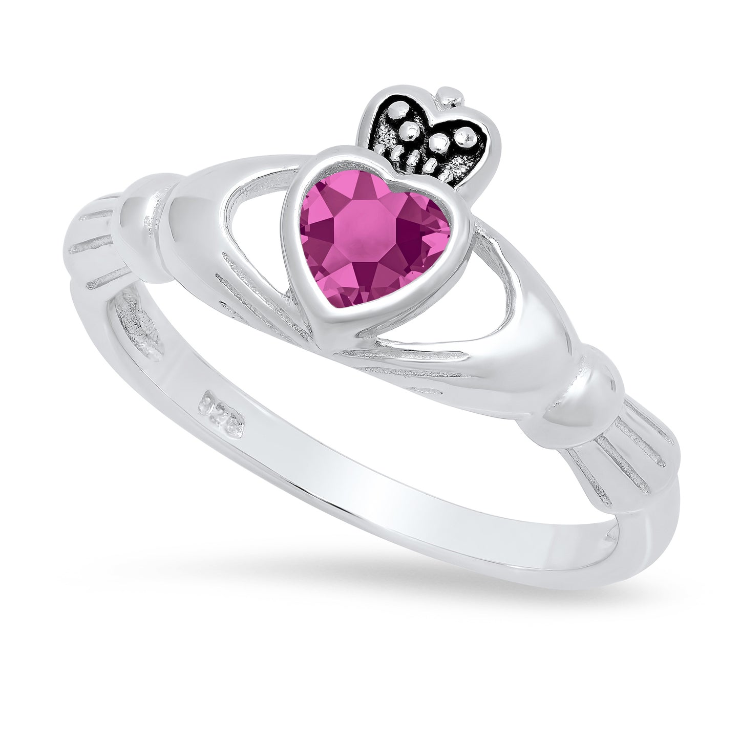 Sterling Silver Claddagh July Birthstone Rubellite CZ Promise Ring Made in Italy + Cleaning Cloth