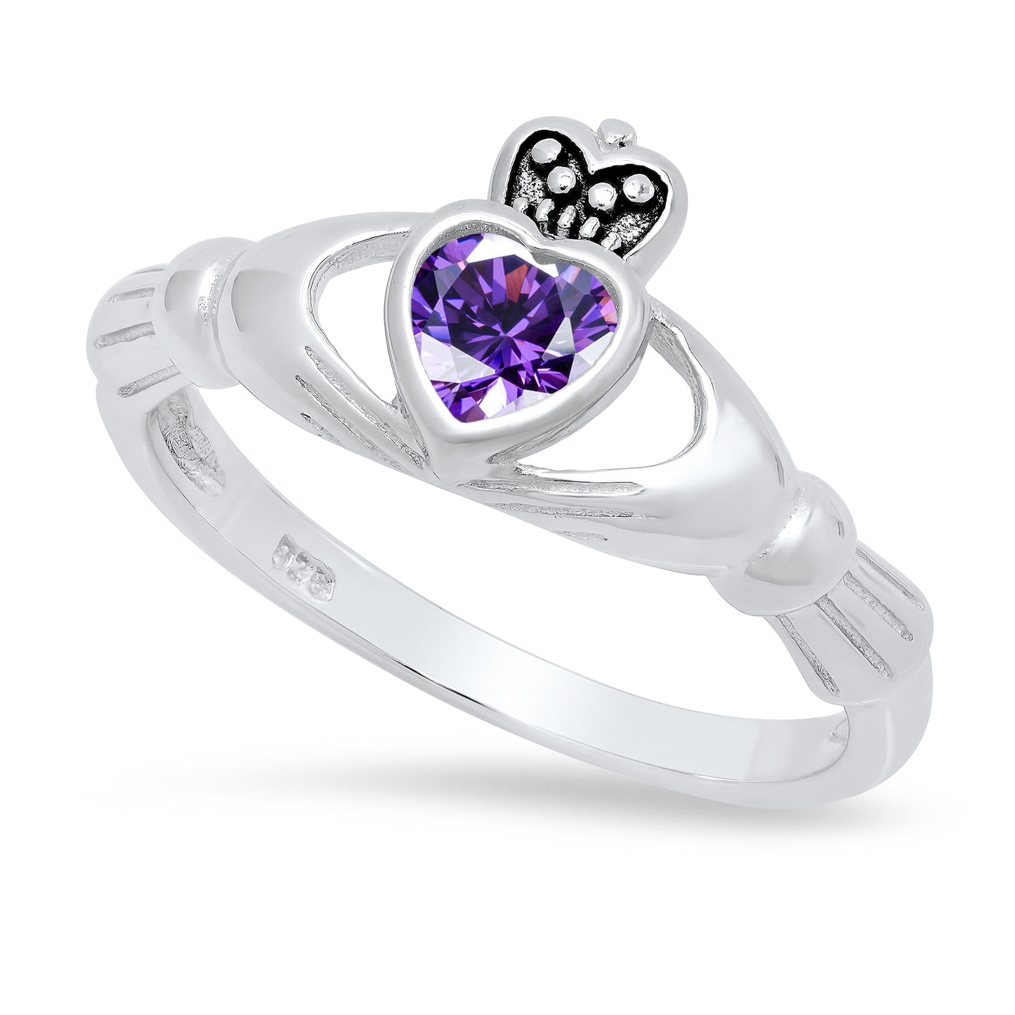 Sterling Silver Claddagh February Birthstone Amethyst CZ Promise Ring Made in Italy + Cloth