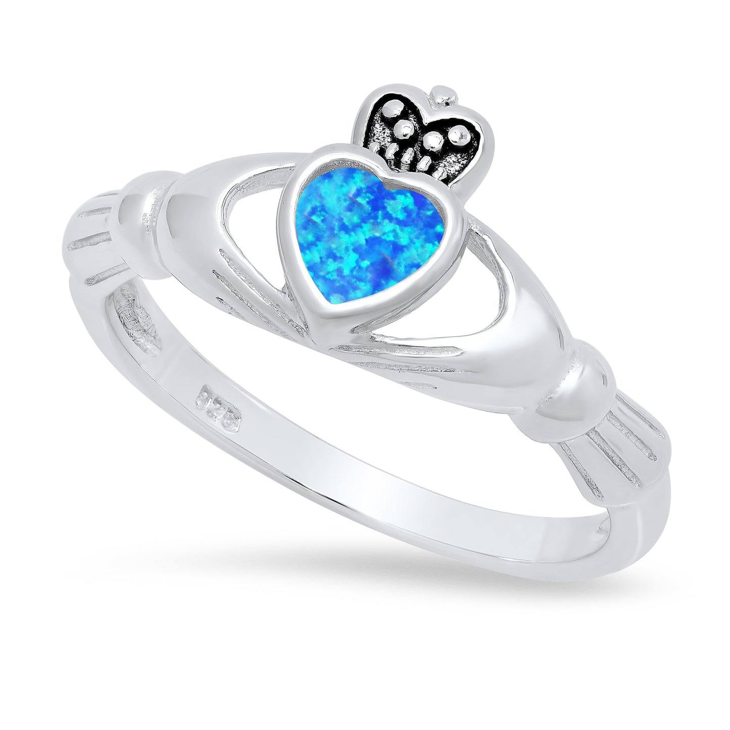 Sterling Silver Claddagh September Birthstone blue opal Promise Ring Made in Italy + Cleaning Cloth (SKU: SS-RN1066H)