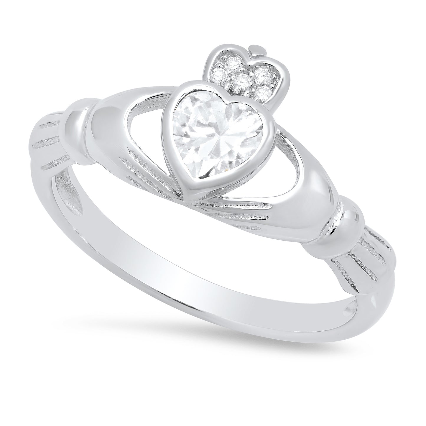 Women's 10mm Solid .925 Sterling Silver Clear Cubic Zirconia Heart Claddagh Ring