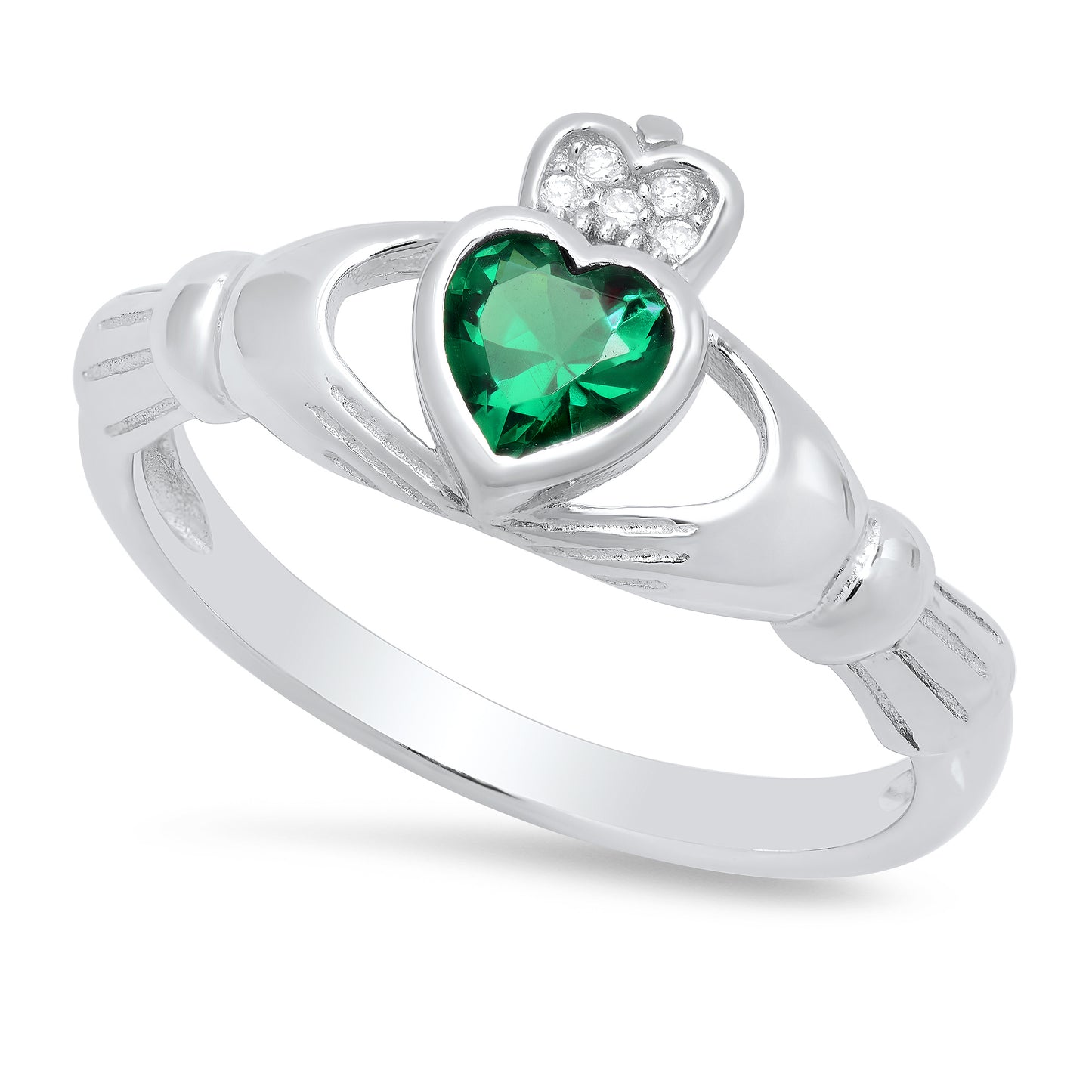 Women's 10mm Solid .925 Sterling Silver Clear Cubic Zirconia Heart Claddagh Ring