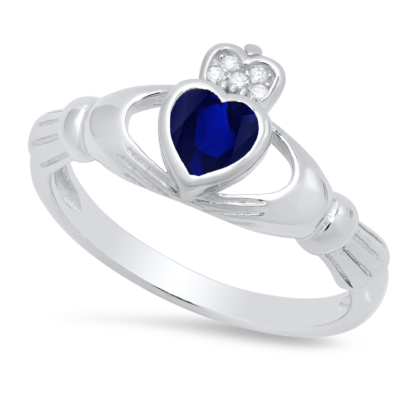 Sterling Silver Claddagh September Birthstone Blue Sapphire CZ Promise Ring Made in Italy + Cloth