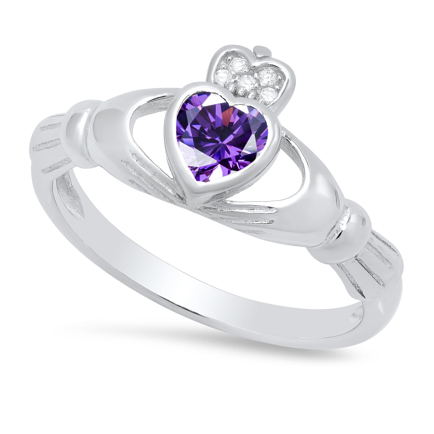 Women's 10mm Solid .925 Sterling Silver Clear Cubic Zirconia Heart Claddagh Ring