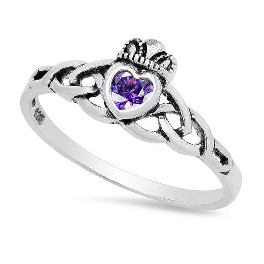 Sterling Silver Claddagh February Birthstone Amethyst CZ Promise Ring Made in Italy + Cloth