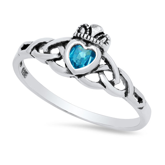 Sterling Silver Claddagh November Birthstone Blue Topaz CZ Promise Ring Made in Italy + Cloth