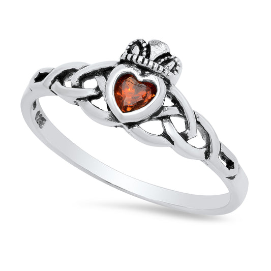 Sterling Silver Claddagh January Birthstone Garnet CZ Promise Ring Made in Italy + Cleaning Cloth