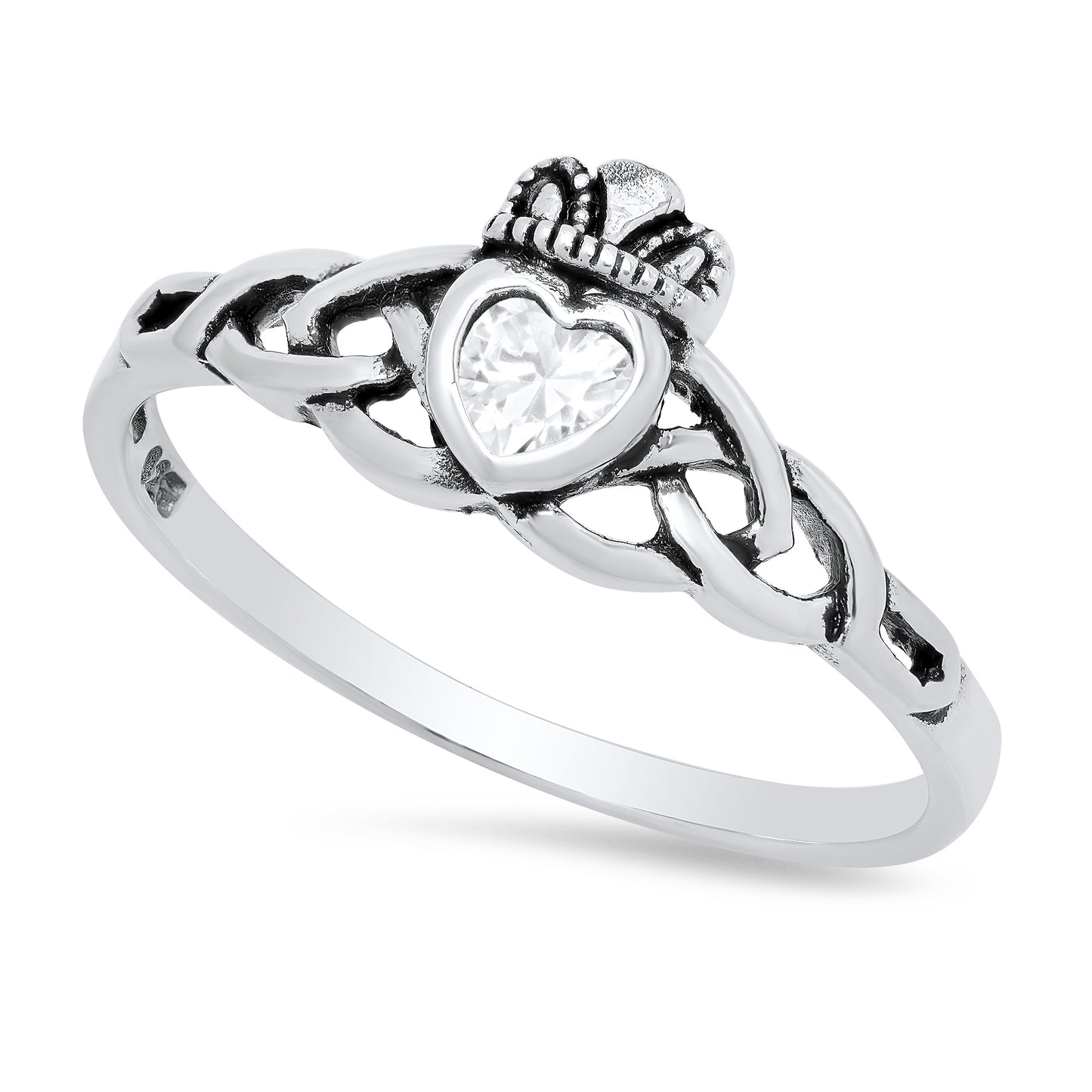 Women's 8mm Solid .925 Sterling Silver Simulated Diamond Cubic Zirconia Claddagh Ring