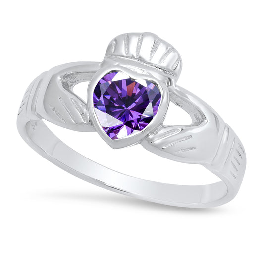 Sterling Silver Claddagh February Birthstone Amethyst CZ Promise Ring Made in Italy + Cloth