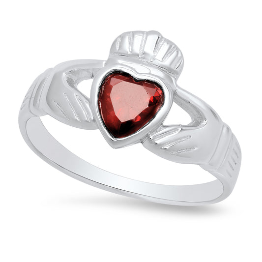 Sterling Silver Claddagh January Birthstone Garnet CZ Promise Ring Made in Italy + Cleaning Cloth