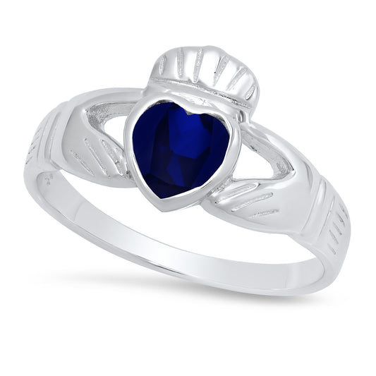 Sterling Silver Claddagh September Birthstone Blue Sapphire CZ Promise Ring Made in Italy + Cloth