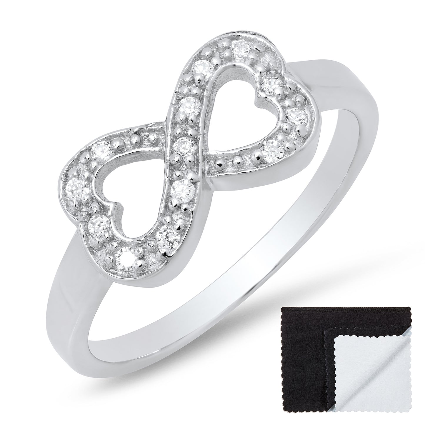 925 Sterling Silver High Polished Infinity Knot Cubic Zirconia Promise Ring + Bonus Cleaning Cloth (SKU: SS-RN1076)