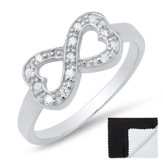 925 Sterling Silver High Polished Infinity Knot Cubic Zirconia Promise Ring + Bonus Cleaning Cloth