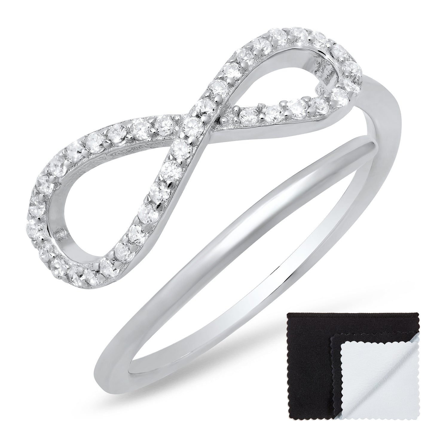 925 Sterling Silver High Polished Infinity Knot Cubic Zirconia Promise Ring + Bonus Cleaning Cloth