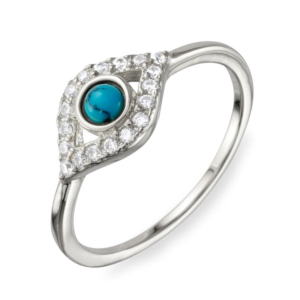 Sterling Silver Rhodium Plated Evil Eye Turquoise CZ Ring Made In Italy + Polishing Cloth