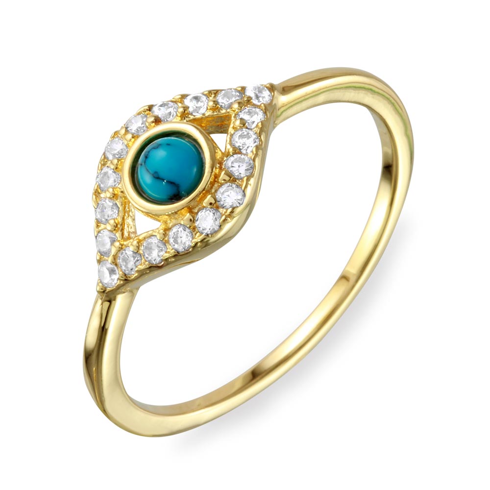 Polished Gold Plated Silver Blue Turquoise Evil Eye Ring