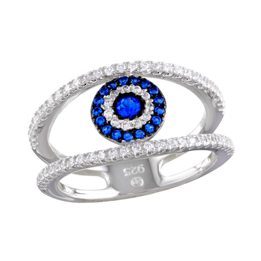 Polished Rhodium Plated Silver Blue Cubic Zirconia Evil Eye Ring