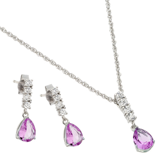 6.4mm Rhodium Plated Silver Pink Cubic Zirconia Pendant + Cable Chain Necklace Set, 18 inches