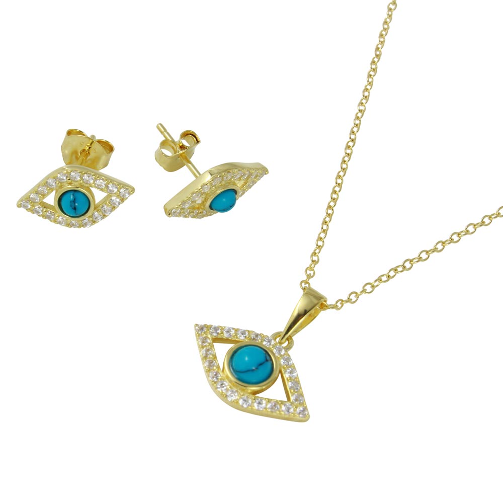 8.7mm Gold Plated Silver Blue Turquoise Evil Eye Pendant + Cable Chain Necklace Set, 16 inches