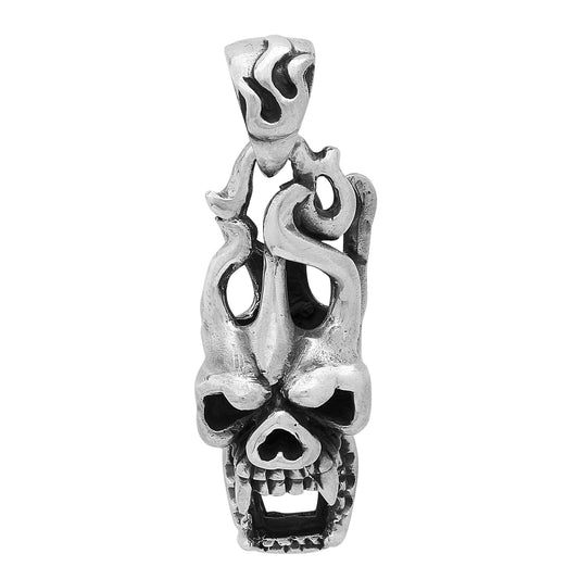 Highly Polished .925 Sterling Silver 15mm Flaming Fang Skull Pendant