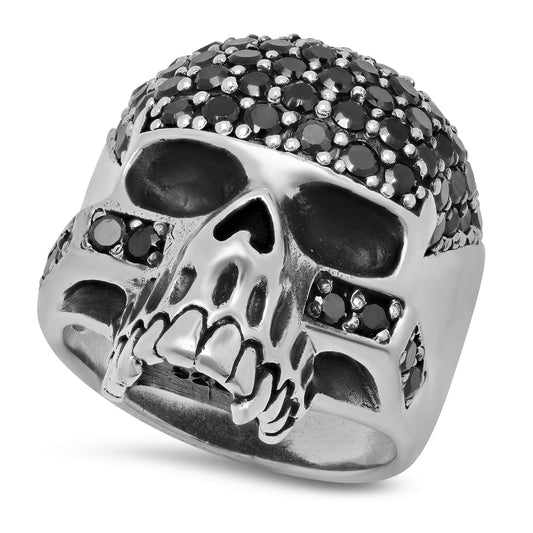 Oxidized Silver Jawless Skull Ring w/Micropave Black CZ Accents