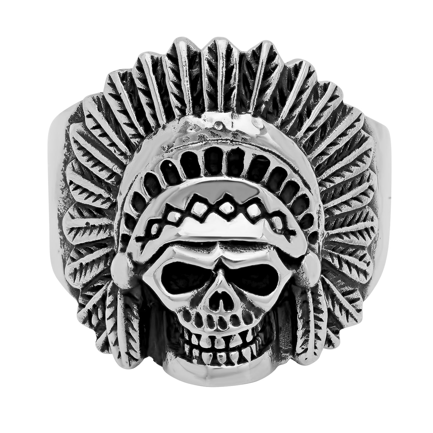 Oxidized 925 Sterling Silver Skull Chief In Headdress Ring + Jewelry Cloth & Pouch (SKU: SS-SKR110)