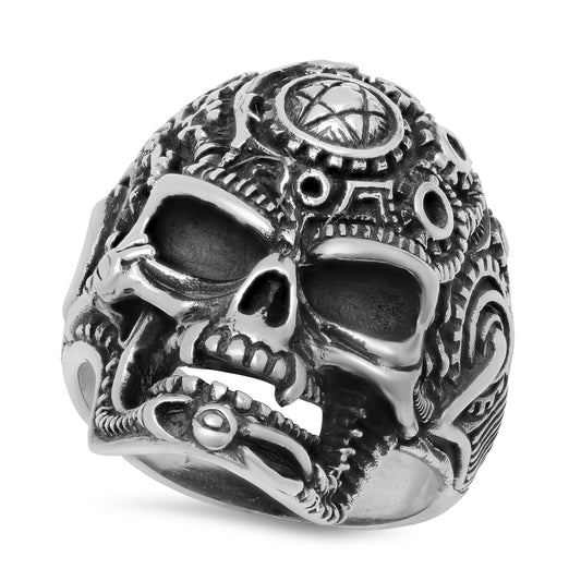 Oxidized 925 Sterling Silver Mechanical Skull w/Pentagram Ring