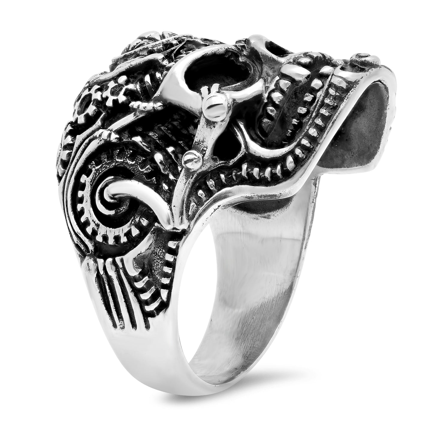 Oxidized 925 Sterling Silver Mechanical Skull w/Pentagram Ring