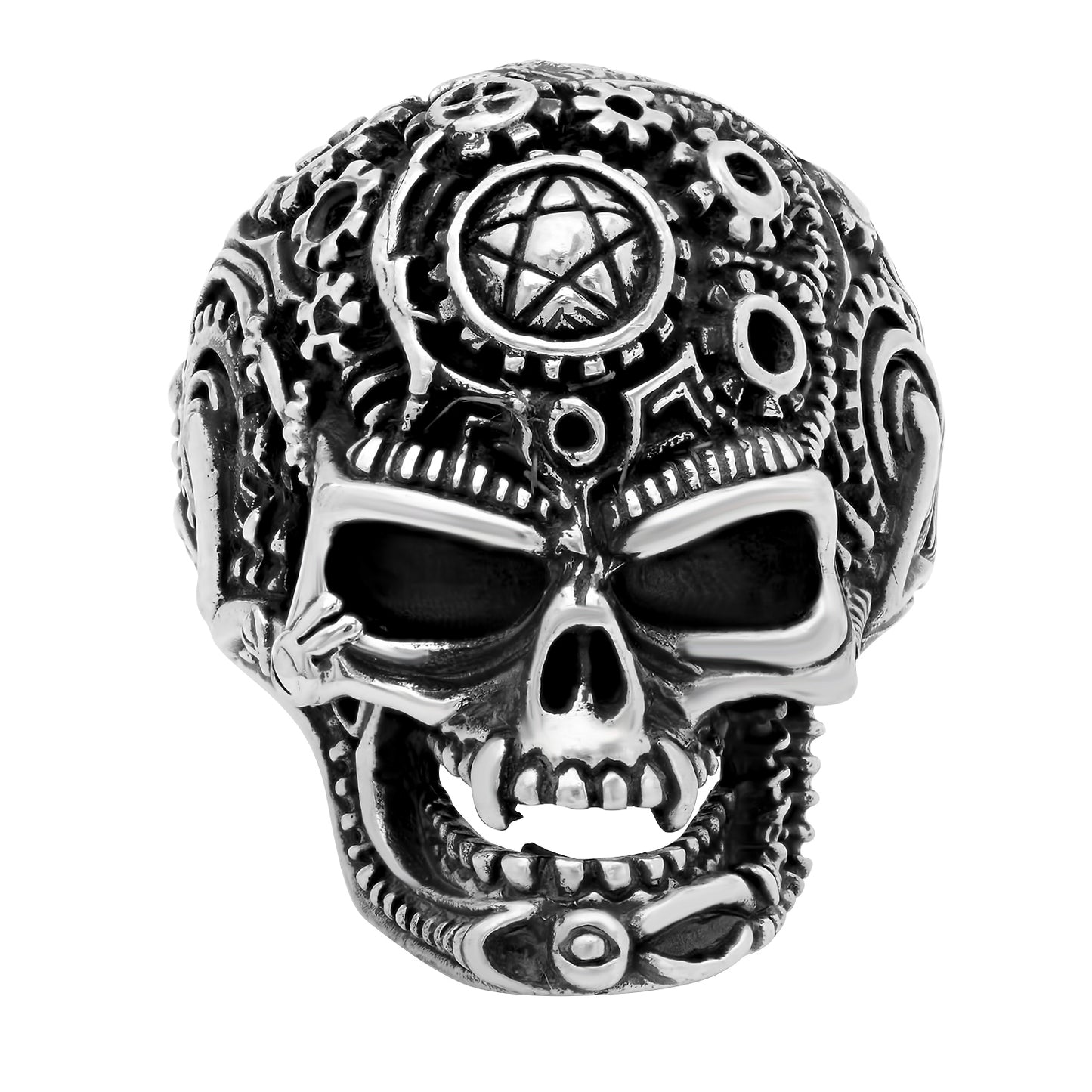 Oxidized 925 Sterling Silver Mechanical Skull w/Pentagram Ring