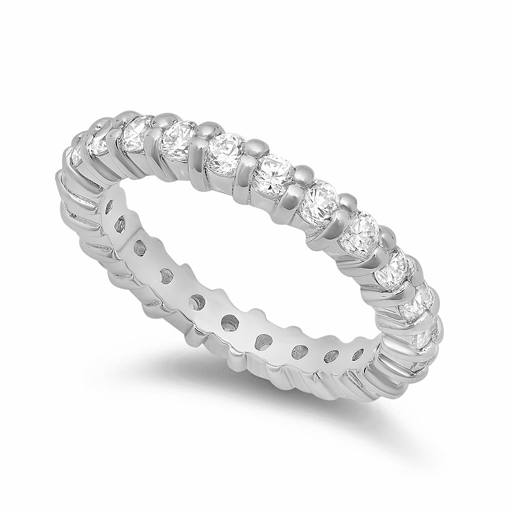 3.5mm Rhodium Plated Sterling Silver Shared Prongs CZs Eternity Band