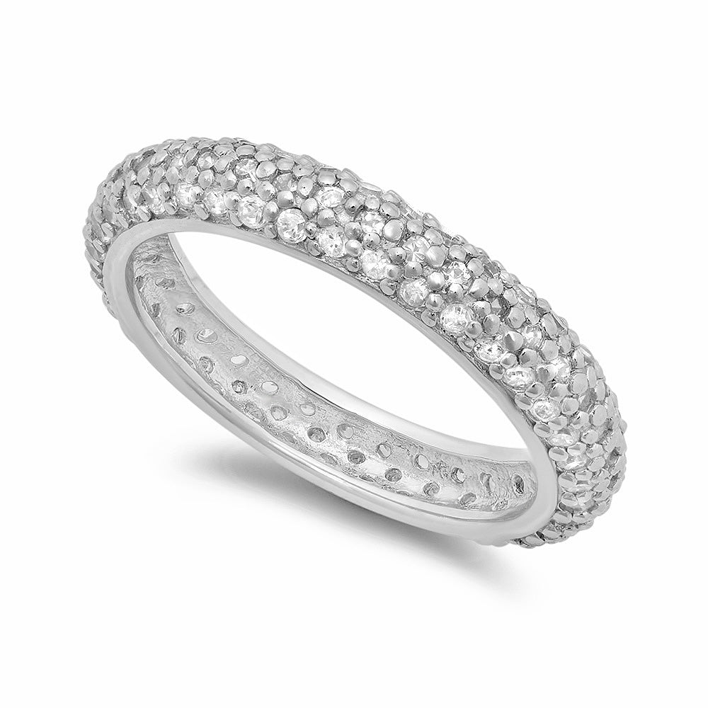 4mm Rhodium Plated Silver Triple Row Of Clear CZs Domed Eternity Band + Jewelry Polishing Cloth (SKU: SS-TR5934)