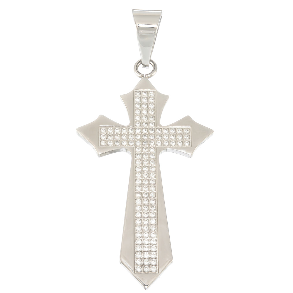 Solid Stainless Steel Cross Pendant Charm with Micro Pave Prong-Set CZ Stones