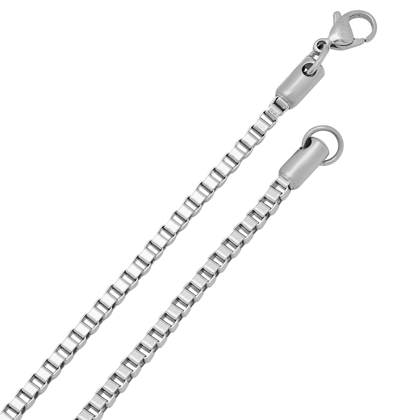 3mm High-Polished Stainless Steel Square Box Chain Necklace, 24'30' (SKU: ST-BOX300)
