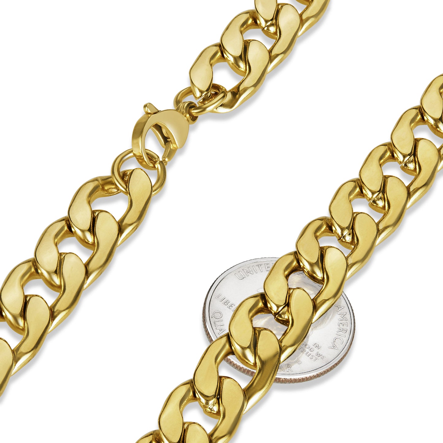 Men's 11.9mm 24k Yellow Gold Plated Stainless Steel Flat Cuban Link Curb Chain Necklace