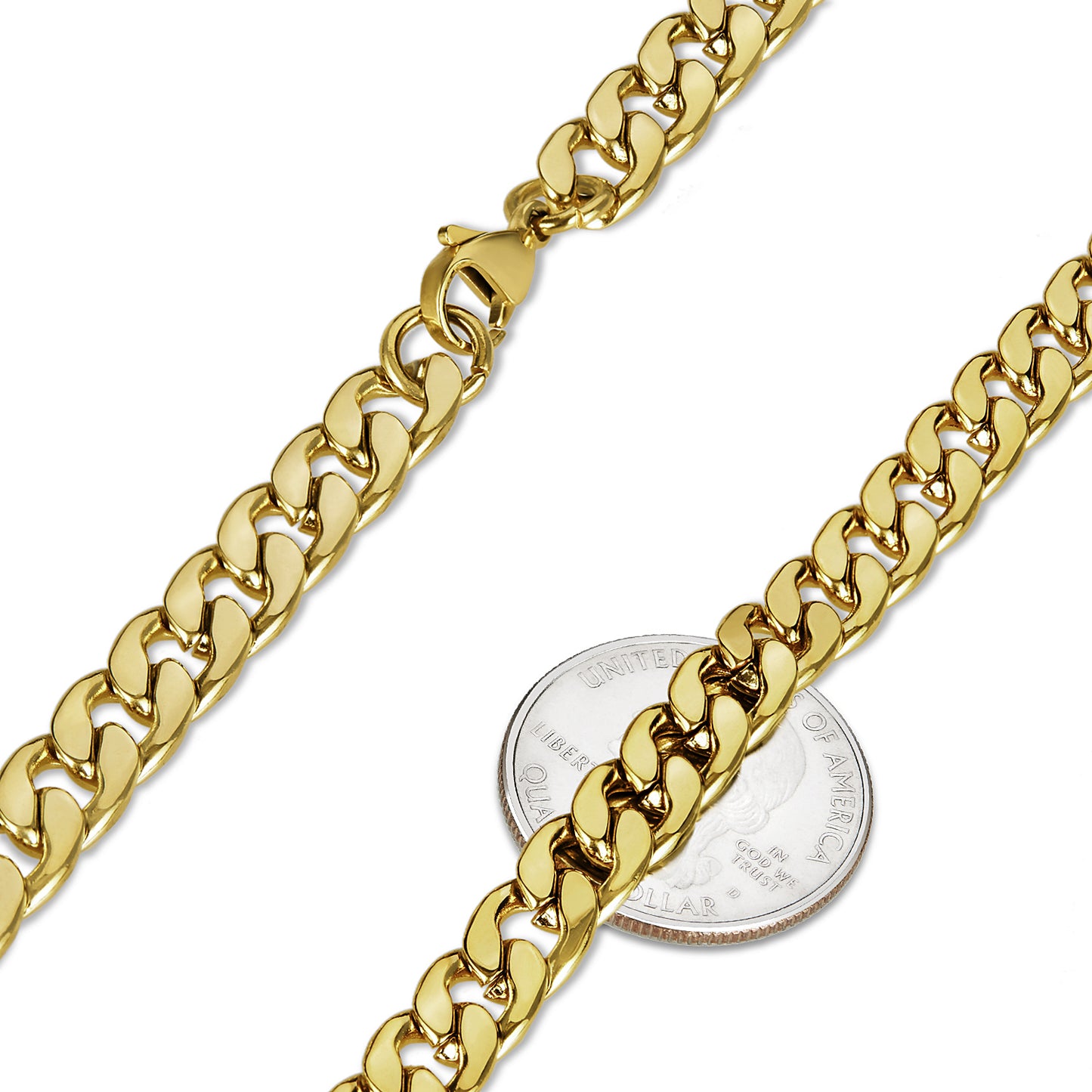 8.9mm 24k Yellow Gold Plated Stainless Steel Flat Cuban Link Curb Chain Necklace