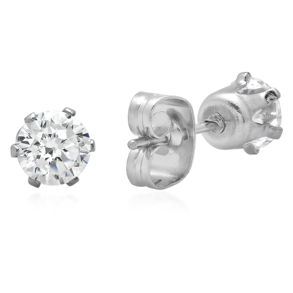 Round Brilliant Cut Clear Cubic Zirconia Stainless Steel Stud Earrings