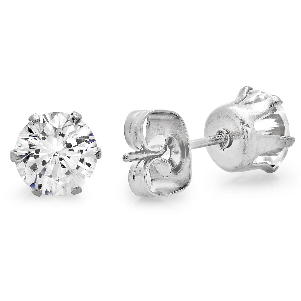 Round Brilliant Cut Clear Cubic Zirconia Stainless Steel Stud Earrings