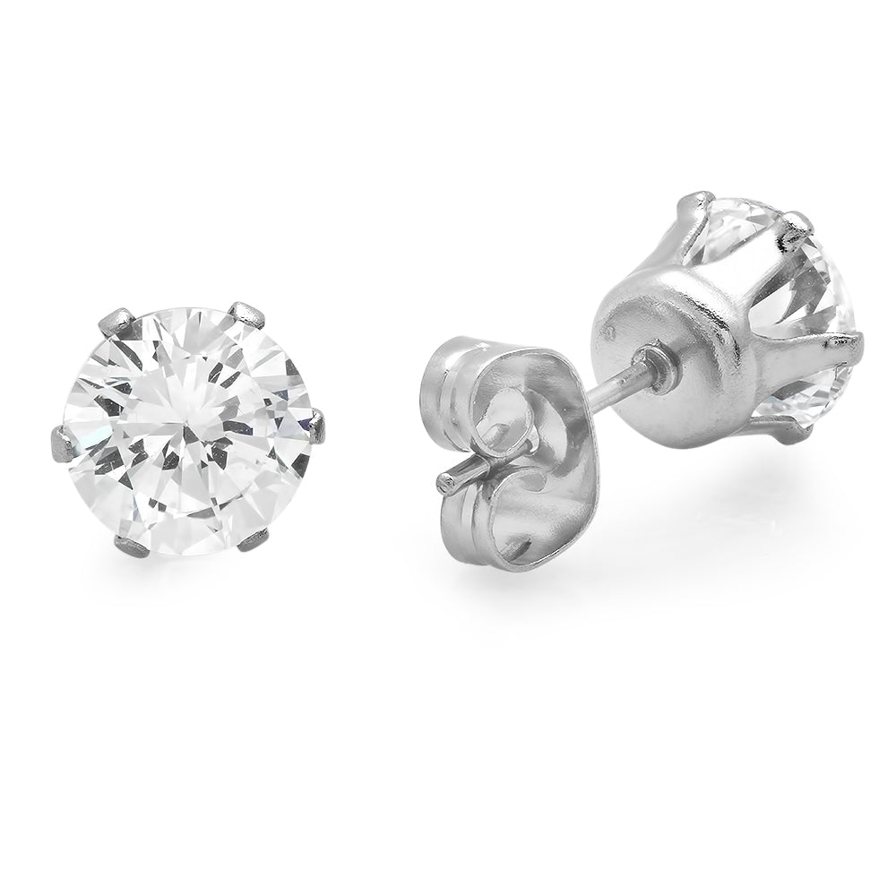 Round Brilliant Cut Clear Cubic Zirconia Stainless Steel Stud Earrings