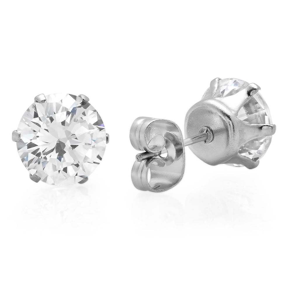 Round Brilliant Cut Clear Cubic Zirconia Stainless Steel Stud Earrings