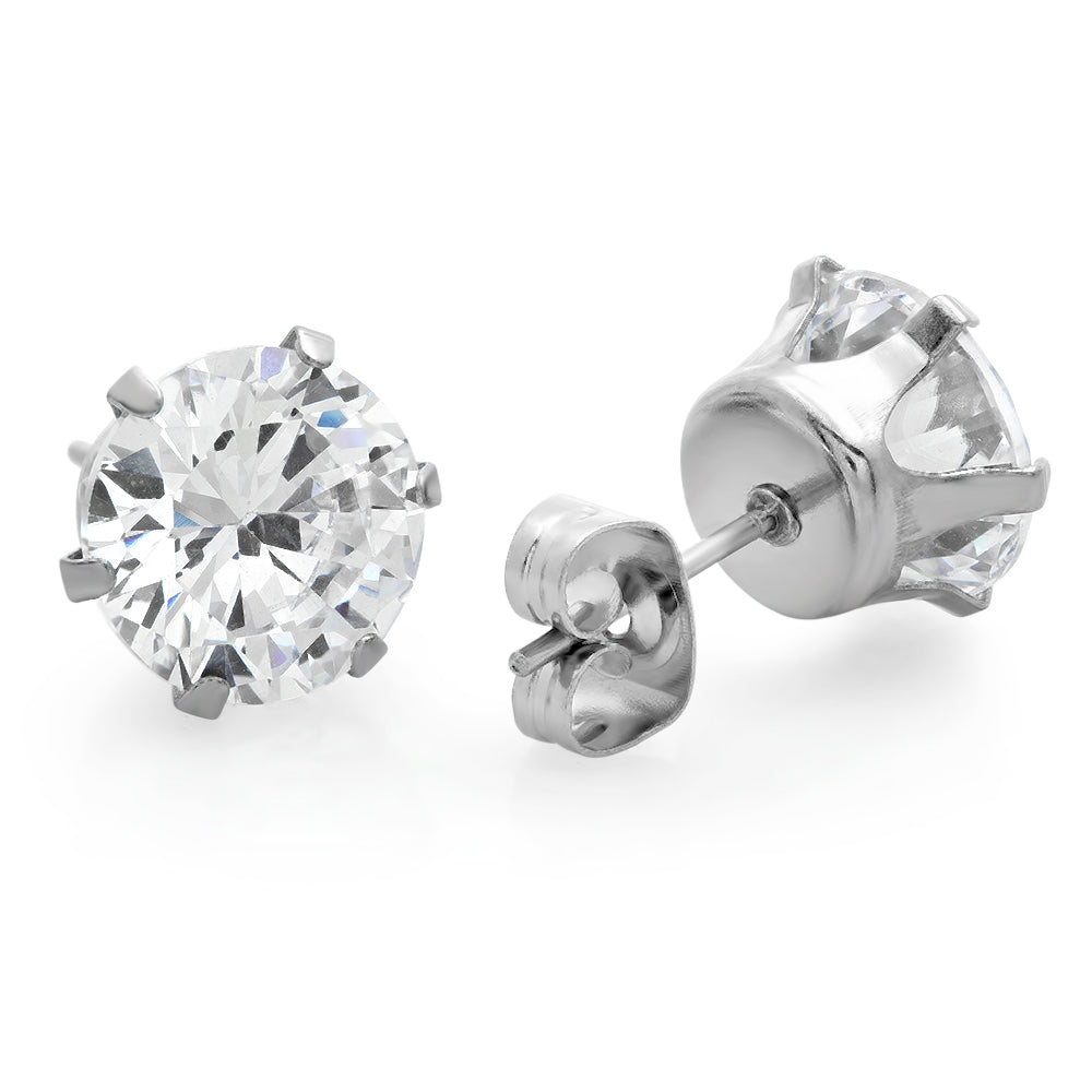 Round Brilliant Cut Clear Cubic Zirconia Stainless Steel Stud Earrings