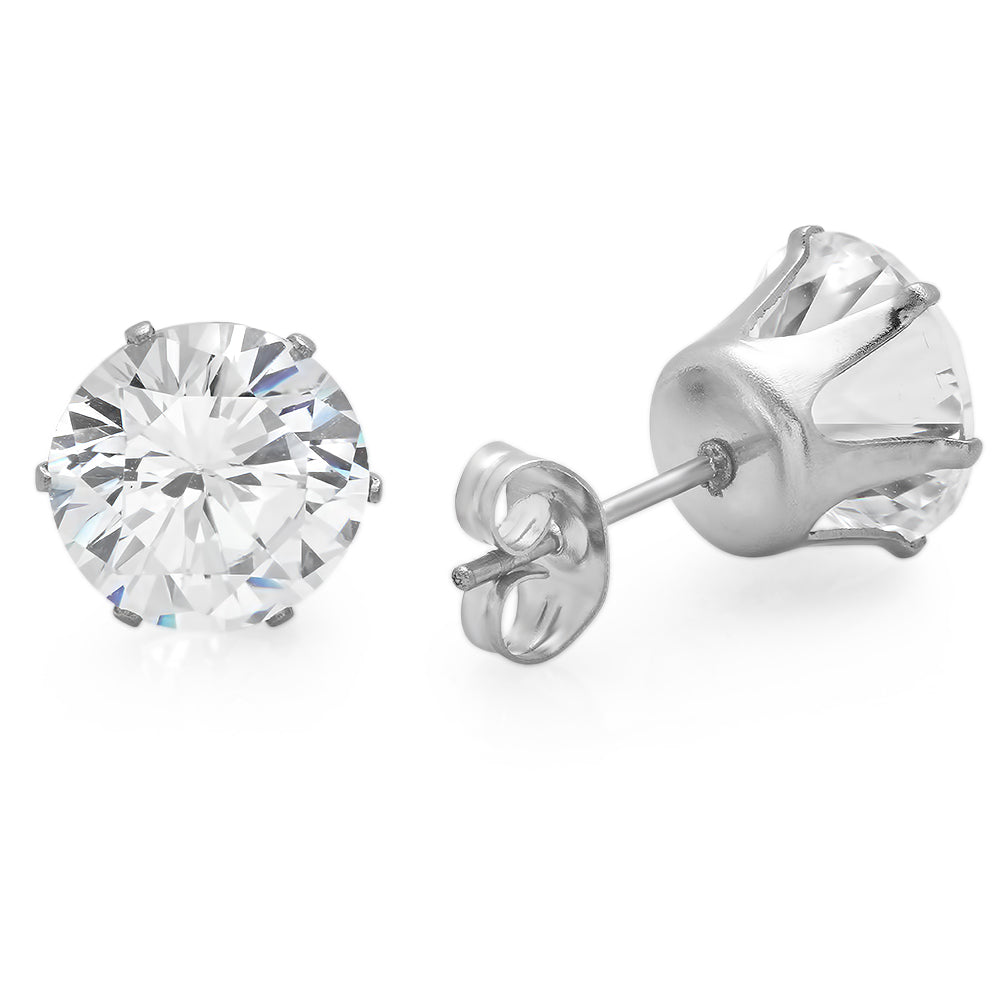 Round Brilliant Cut Clear Cubic Zirconia Stainless Steel Stud Earrings