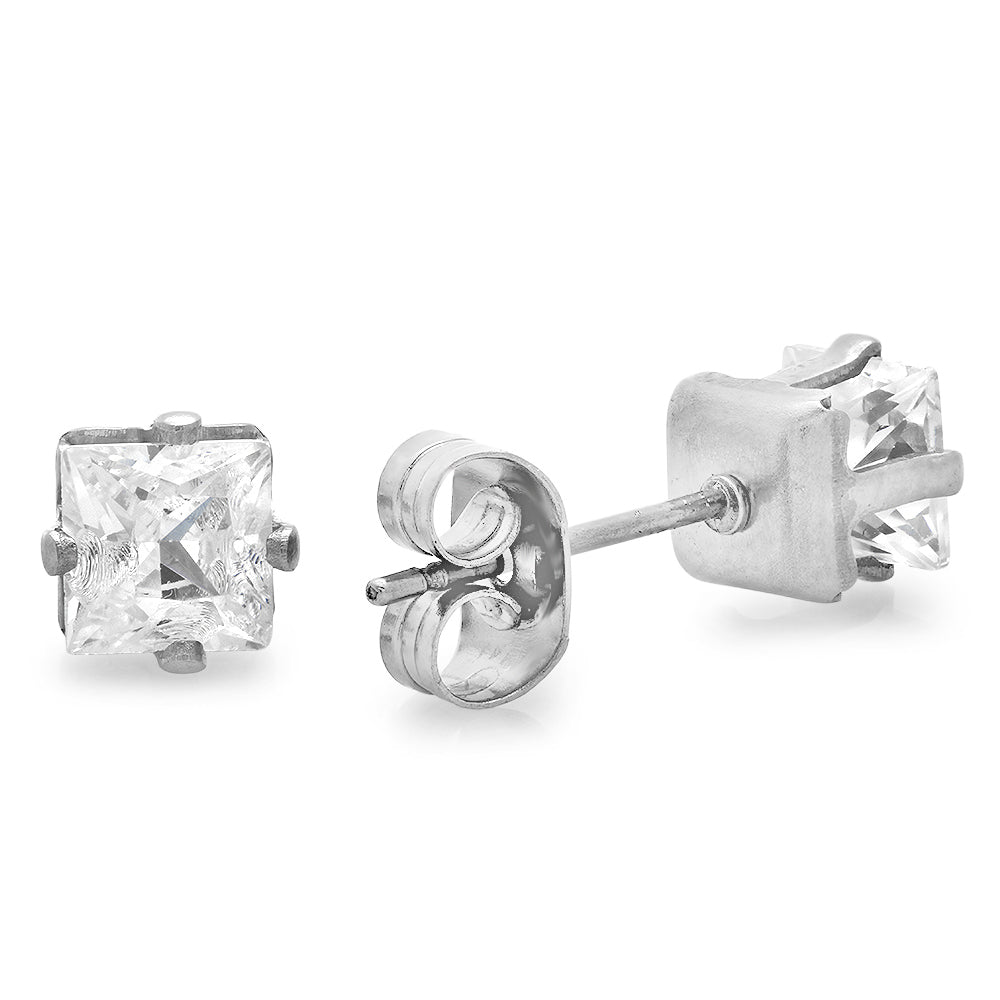 Square Princess Cut Clear Cubic Zirconia Stainless Steel Stud Earrings + Jewelry Polishing Cloth (SKU: ST-ER1002)